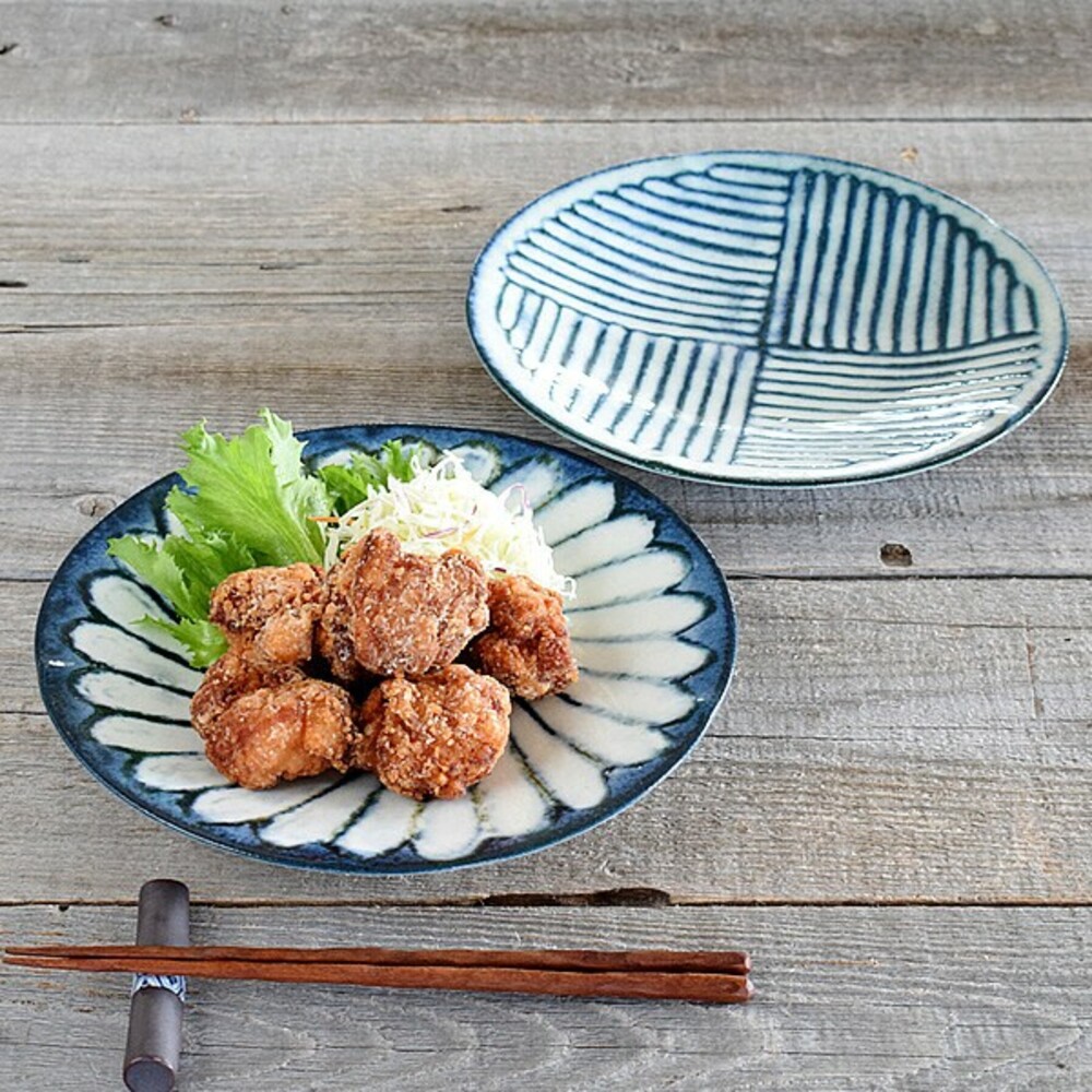 SF-014018-日本製 美濃燒 圓盤 22cm 陶瓷 條紋/花繪圖樣 餐盤 碗盤 餐桌 料理盤 日式風格 簡約 餐具