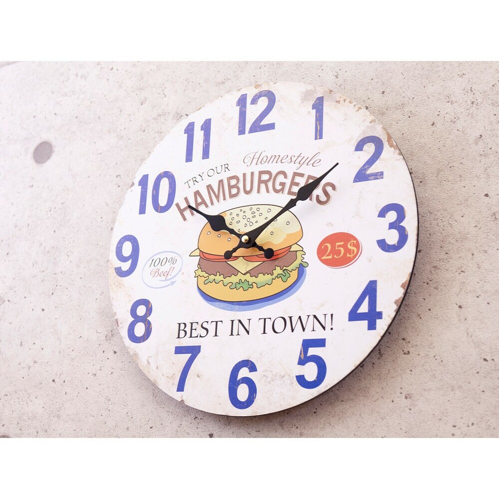 美式復古時鐘 理髮廳 漢堡店 美式餐廳 創意裝飾 掛鐘 壁鐘 木製時鐘 仿舊 鄉村風 圖片
