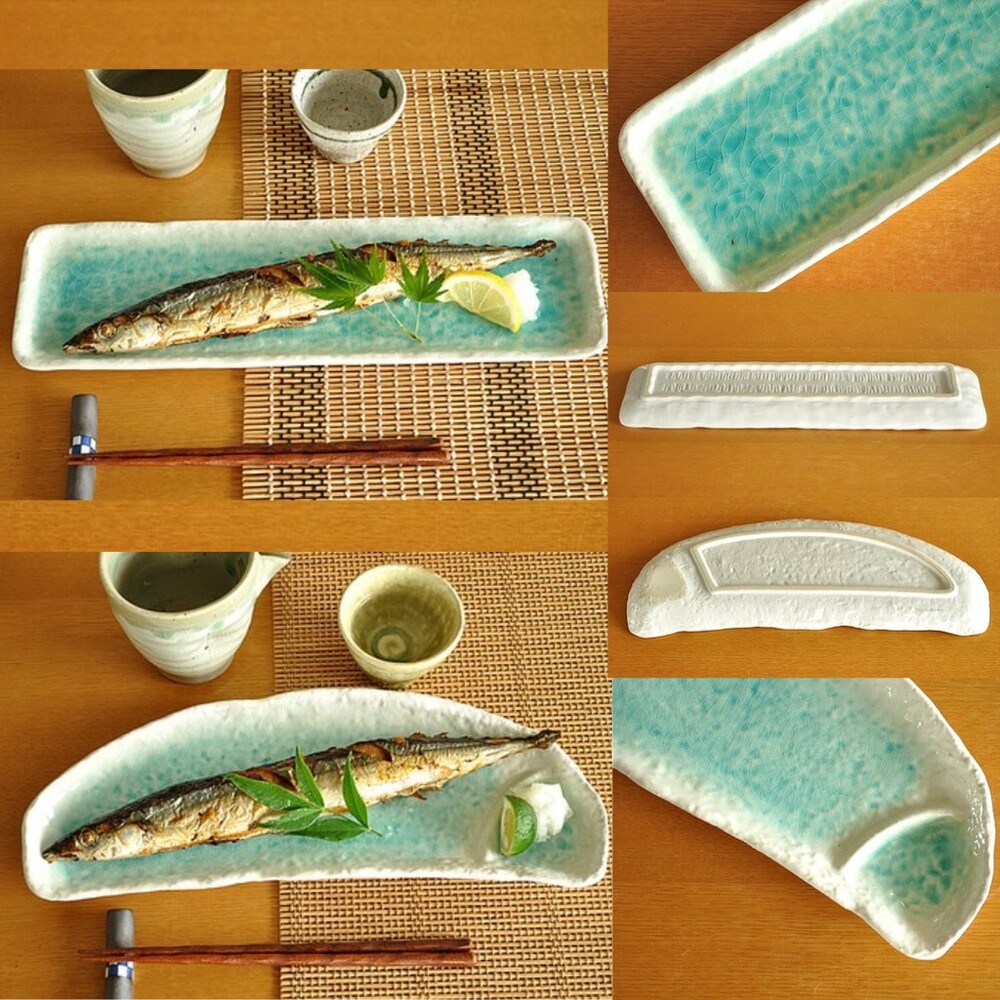 SF-014860-日本製瀨戶燒 土耳其藍 半月形盤 長方形盤 陶瓷 秋刀魚盤 日式餐盤 盤子 盤 餐盤 小菜盤