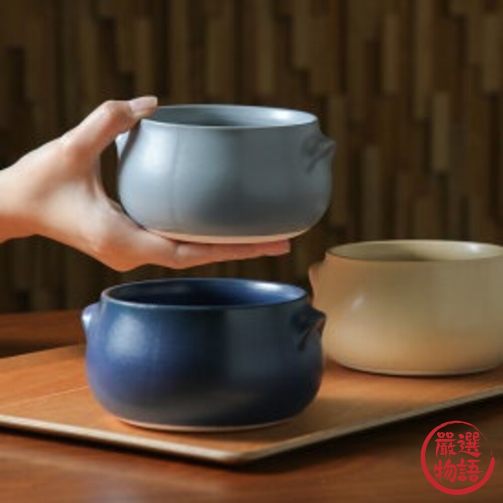 SF-014997-日本製 美濃燒 帶耳碗 13cm 耐熱陶器 焗烤碗 黃/灰/深藍 陶器 啞光 陶器 燉碗 餐具