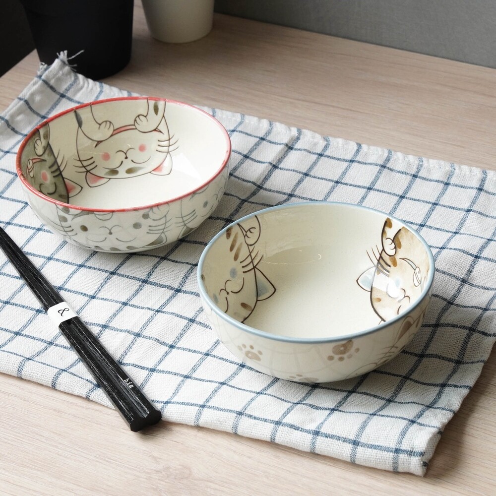 SF-015013-【現貨】日本製 美濃燒 水晶貓咪系列 貓咪餐碗 湯碗 廚房用品 日式餐具 碗公 紅色/藍色 兩色可選