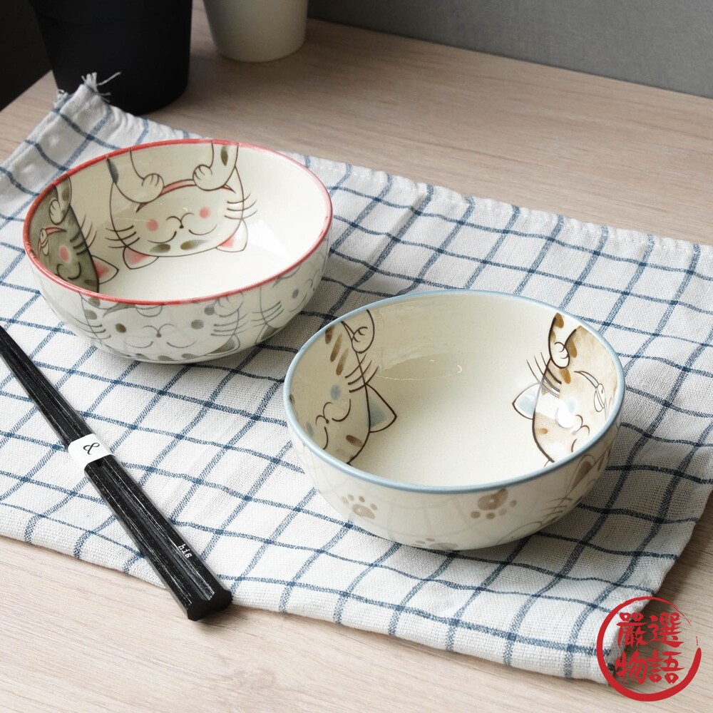 日本製 美濃燒 水晶貓咪系列 貓咪餐碗 湯碗 廚房用品 日式餐具 碗公 紅色/藍色 兩色可選 封面照片