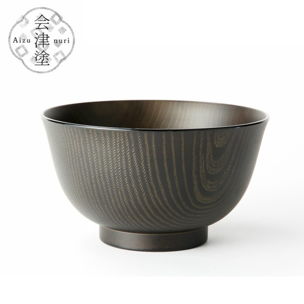 SF-015114-日本製 會津漆器 木紋碗 可微波 耐熱 木色/深棕 多用碗 飯碗 木紋 餐碗 刷紋 湯碗 底座
