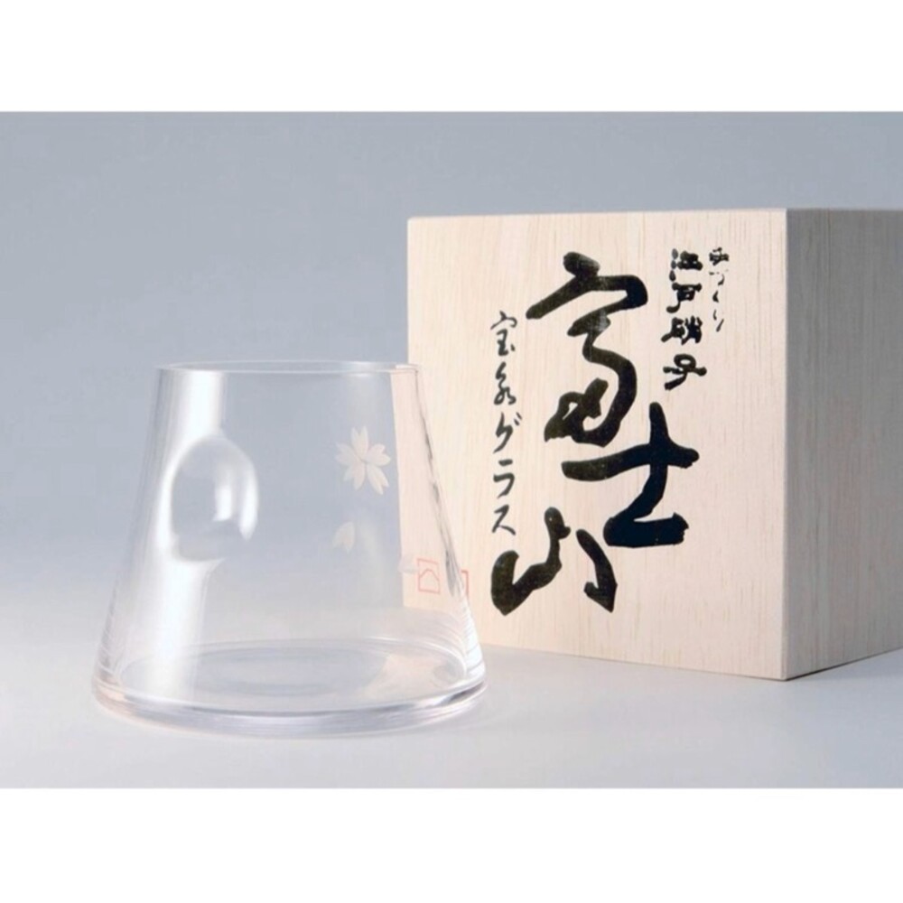 日本製富士山櫻花杯 江戶田島硝子 EDO GLASS 水杯 杯子 啤酒杯 茶杯 木箱包裝 送禮 禮物 圖片