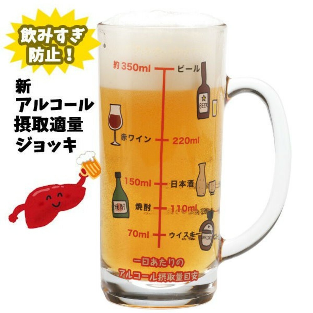 SF-015808-【現貨】日本製刻度啤酒杯 適量飲酒 清酒 紅酒 威士忌 啤酒 玻璃杯 酒杯 水杯 每日飲酒提醒 父親節禮物
