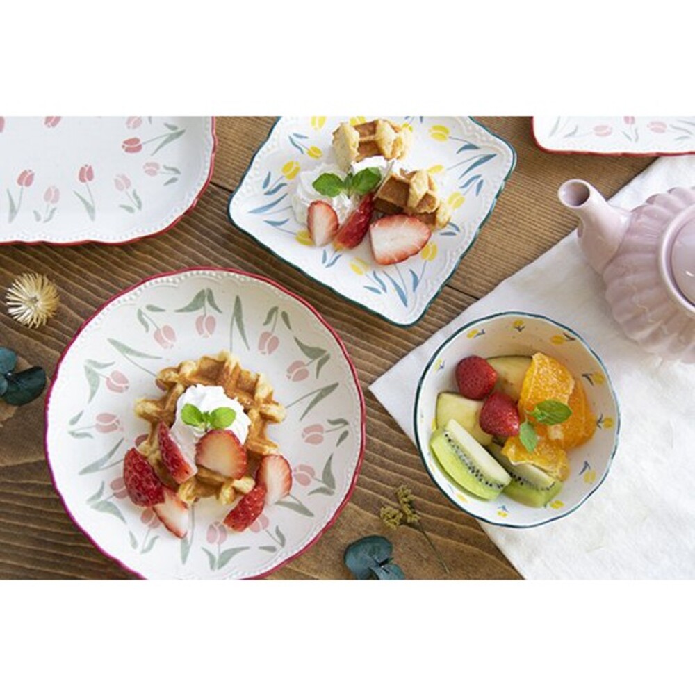 復古鬱金香碗盤 日本SHINACASA 法式浪漫 花邊 甜品碗 圓盤 鬆餅盤 陶瓷碗