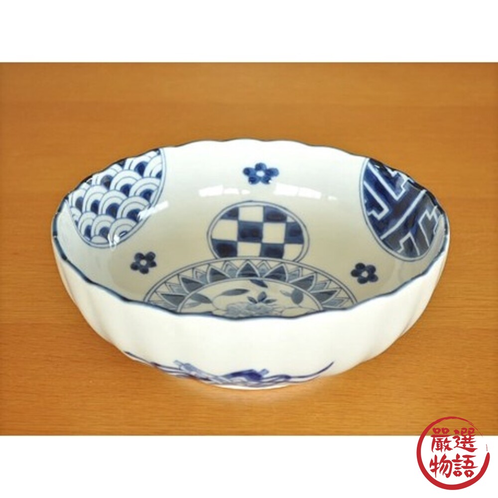 日本製 美濃燒藍丸紋菊形餐碗 日式料理 中餐 餐盤 中式料理 碗盤 波浪紋 港式餐廳 餐碗 陶瓷-圖片-2