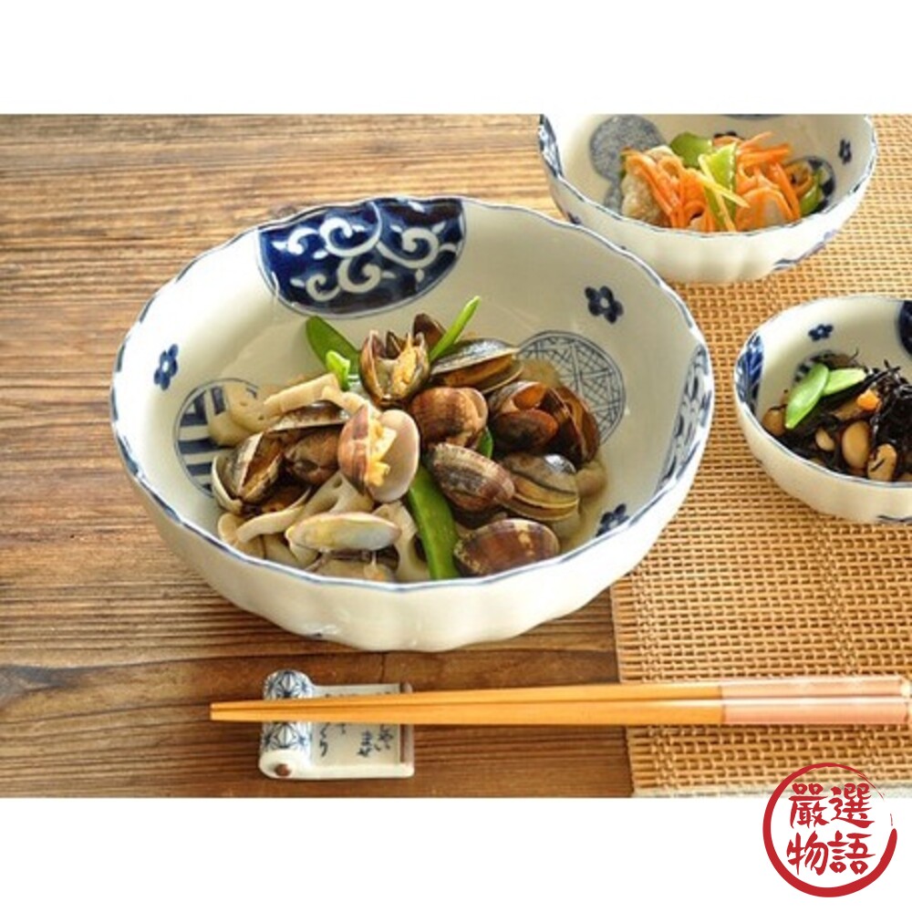 SF-015844-日本製 美濃燒藍丸紋菊形餐碗 日式料理 中餐 餐盤 中式料理 碗盤 波浪紋 港式餐廳 餐碗 陶瓷