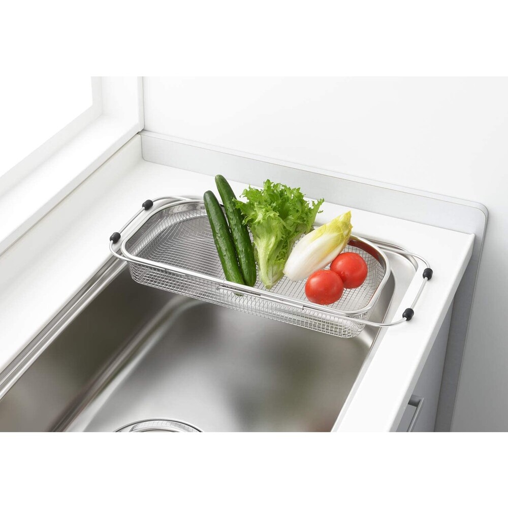 日本製 滑軌式濾水網 不鏽鋼 水槽置物架 蔬菜瀝乾 廚房瀝水 置物架 伸縮式 可調節 圖片