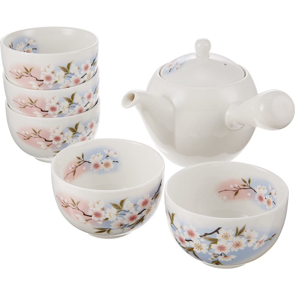 日本製 櫻花茶壺六件組 陶瓷茶具組 杯壺組 泡茶 茶杯 茶壺 美濃燒 送禮 喬遷 禮物 禮盒 圖片