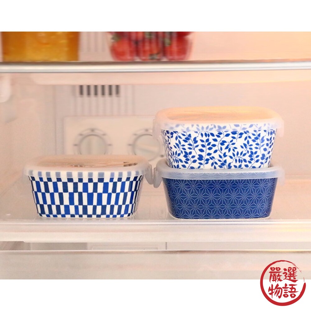 日本製 日式花紋 方形陶瓷保鮮碗 3入 附蓋子 微波 加熱 小菜 配菜 飯碗 食物保鮮 美濃燒 圖片