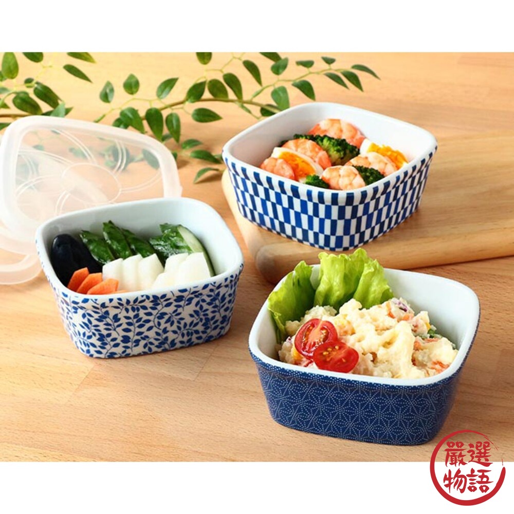 日本製 日式花紋 方形陶瓷保鮮碗 3入 附蓋子 微波 加熱 小菜 配菜 飯碗 食物保鮮 美濃燒 封面照片