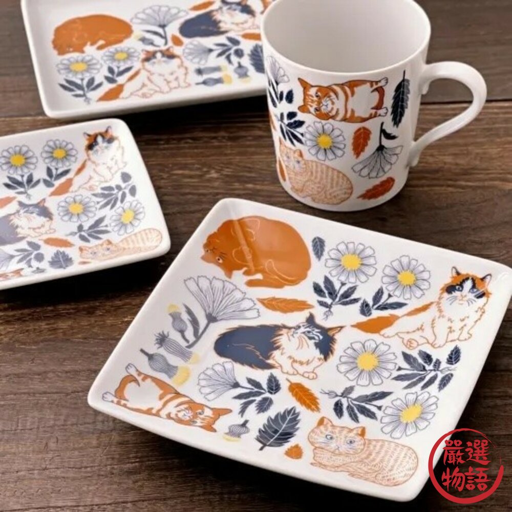 SF-018642-日本製 Orie 植物與貓 盤子 長盤 沙拉碗 馬克杯 餐具 美濃燒 陶瓷 餐盤 餐碗